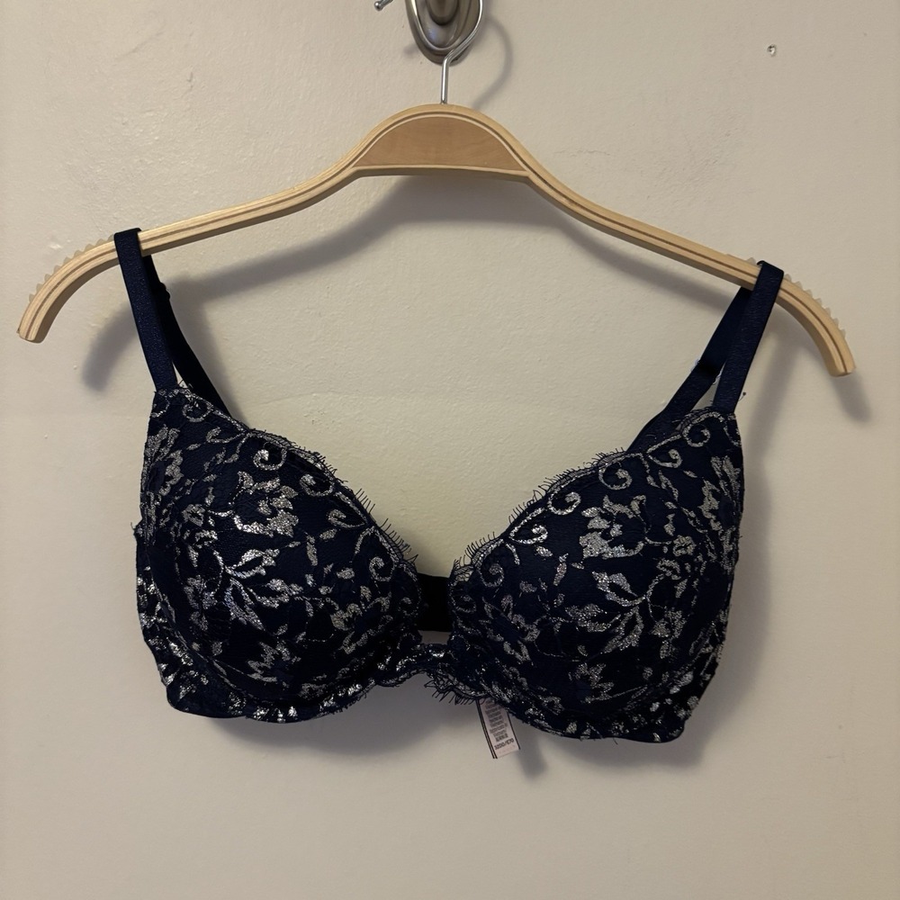 Victoria's Secret Push-up Bra 32DD Blue Lace Sexy Silver